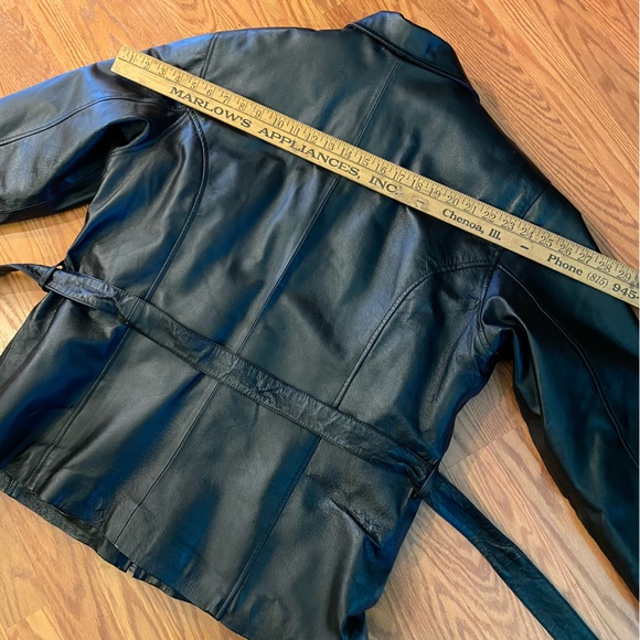 Vintage Y2K Leather Jacket Bomber Jacket Tie Waist Black Soft Leather Coat - Picture 13 of 14